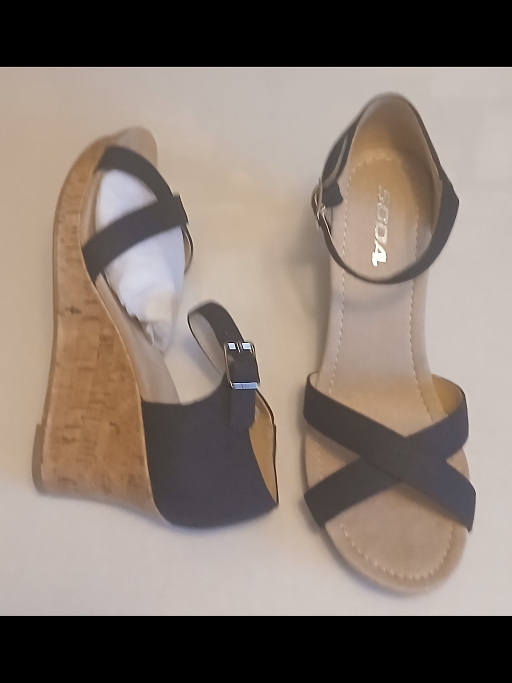 Women's Black Cork Wedge Sandals by Soda, New without box.